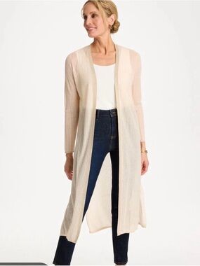 Chico's Long Open-Front Ribbed Duster Cardigan in Cream